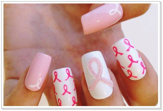 Pink ribbon cancer awareness nail art design