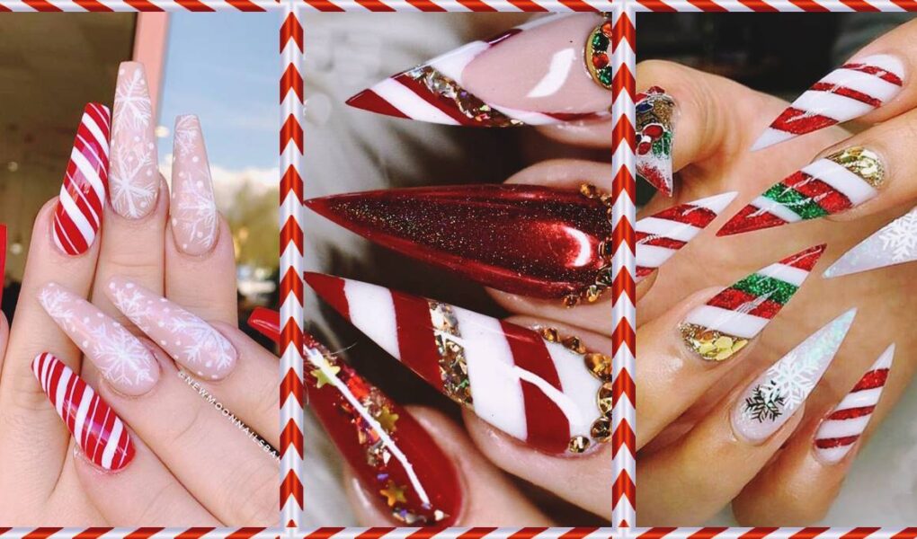 Coffin Candy Cane Nails Art Designs & Ideas Pictures