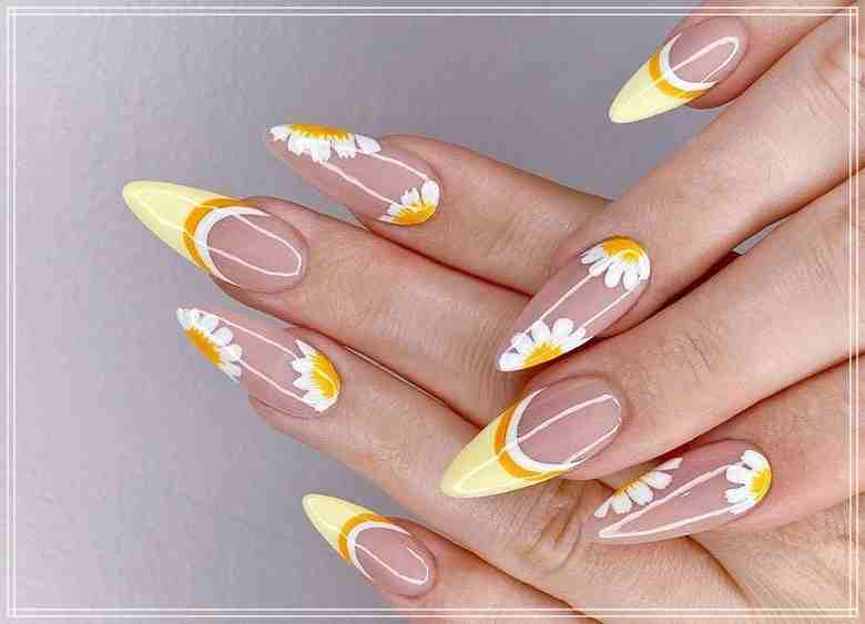 almond shape coffin flower nail art design fancy nail art