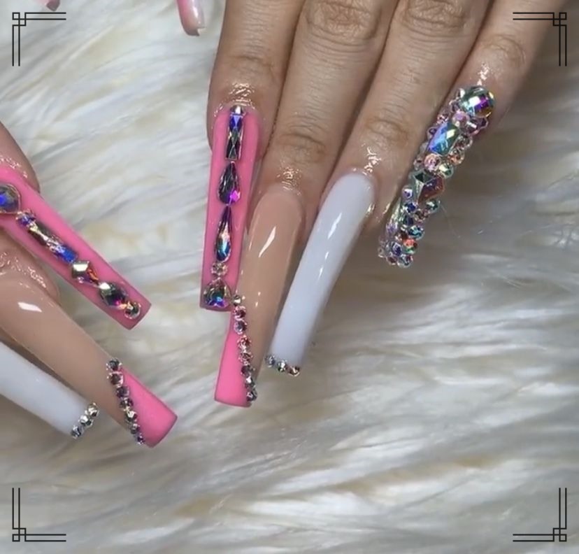 pink white and stone combo long 2022 trendingnails 20