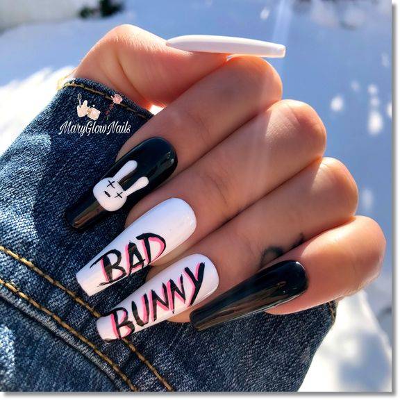 black and white badbunny nail art design