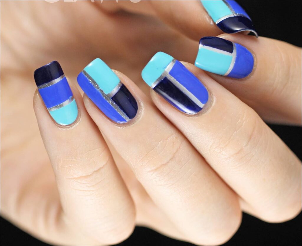 blue color block nails ideas