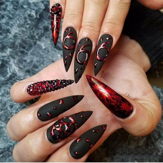 red and black horror nail art design