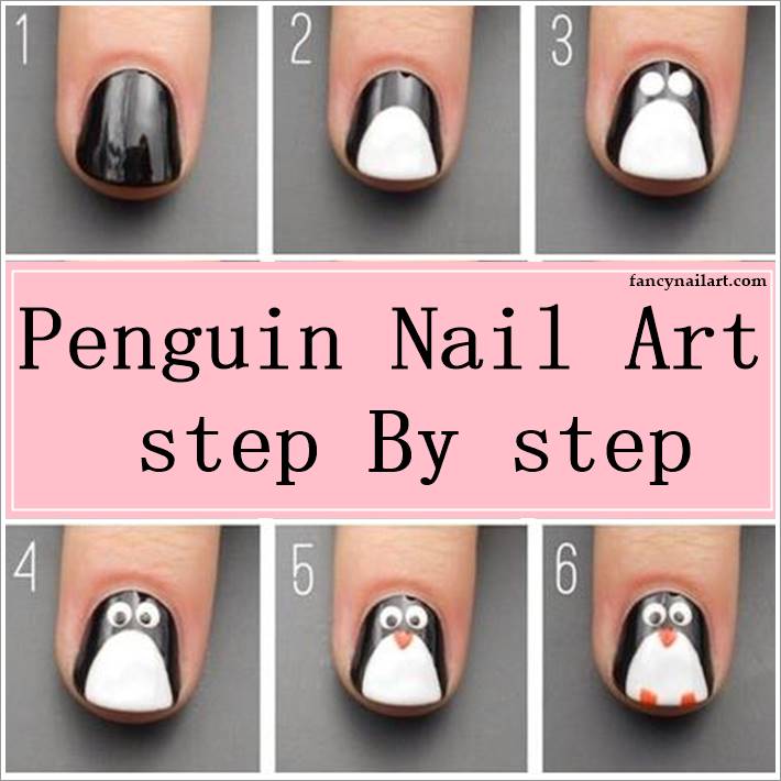 Penguin Nail Art step by step - fancynailart.com